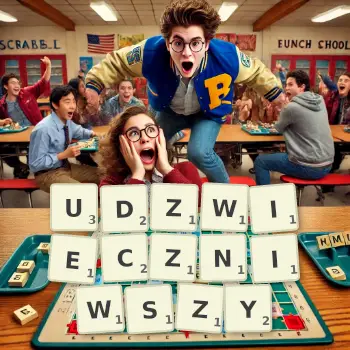 Kreatywna ilustracja do gry w Scrabble ze słowem UDZWIECZNIWSZY ułożonym z płytek na planszy.