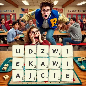 Kreatywna ilustracja do gry w Scrabble ze słowem UDZWIEKAWIAJCIE ułożonym z płytek na planszy.