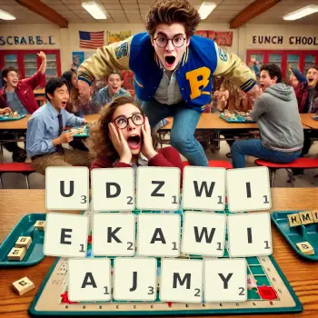 Kreatywna ilustracja do gry w Scrabble ze słowem UDZWIEKAWIAJMY ułożonym z płytek na planszy.