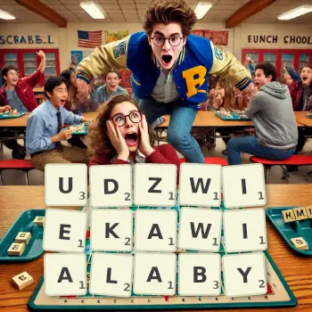 Kreatywna ilustracja do gry w Scrabble ze słowem UDZWIEKAWIALABY ułożonym z płytek na planszy.