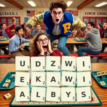 Kreatywna ilustracja do gry w Scrabble ze słowem UDZWIEKAWIALBYS ułożonym z płytek na planszy.