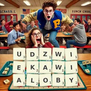 Kreatywna ilustracja do gry w Scrabble ze słowem UDZWIEKAWIALOBY ułożonym z płytek na planszy.