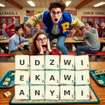 Kreatywna ilustracja do gry w Scrabble ze słowem UDZWIEKAWIANYMI ułożonym z płytek na planszy.