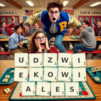 Kreatywna ilustracja do gry w Scrabble ze słowem UDZWIEKOWIALES ułożonym z płytek na planszy.