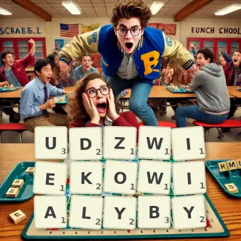 Kreatywna ilustracja do gry w Scrabble ze słowem UDZWIEKOWIALYBY ułożonym z płytek na planszy.