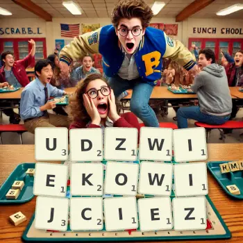 Kreatywna ilustracja do gry w Scrabble ze słowem UDZWIEKOWIJCIEZ ułożonym z płytek na planszy.