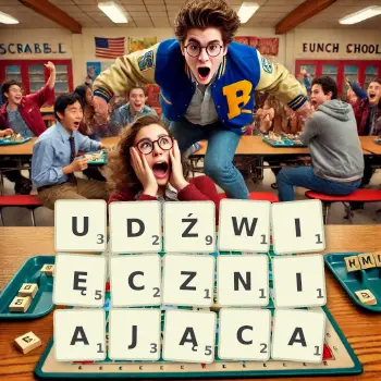 Kreatywna ilustracja do gry w Scrabble ze słowem UDŹWIĘCZNIAJĄCA ułożonym z płytek na planszy.