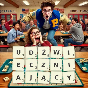 Kreatywna ilustracja do gry w Scrabble ze słowem UDŹWIĘCZNIAJĄCY ułożonym z płytek na planszy.