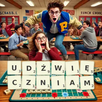 Kreatywna ilustracja do gry w Scrabble ze słowem UDŹWIĘCZNIAM ułożonym z płytek na planszy.