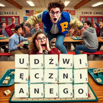 Kreatywna ilustracja do gry w Scrabble ze słowem UDŹWIĘCZNIANEGO ułożonym z płytek na planszy.