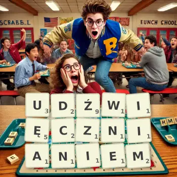 Kreatywna ilustracja do gry w Scrabble ze słowem UDŹWIĘCZNIANIEM ułożonym z płytek na planszy.