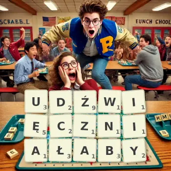 Kreatywna ilustracja do gry w Scrabble ze słowem UDŹWIĘCZNIAŁABY ułożonym z płytek na planszy.