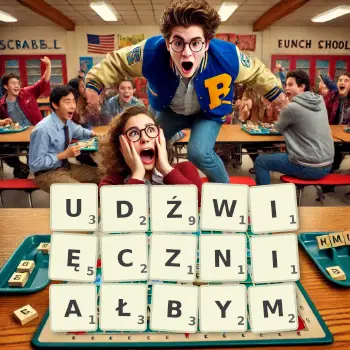 Kreatywna ilustracja do gry w Scrabble ze słowem UDŹWIĘCZNIAŁBYM ułożonym z płytek na planszy.