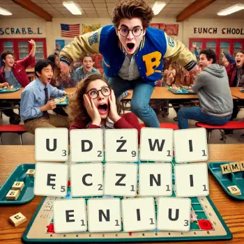 Kreatywna ilustracja do gry w Scrabble ze słowem UDŹWIĘCZNIENIU ułożonym z płytek na planszy.