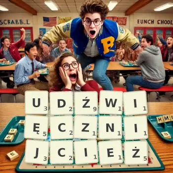 Kreatywna ilustracja do gry w Scrabble ze słowem UDŹWIĘCZNIJCIEŻ ułożonym z płytek na planszy.