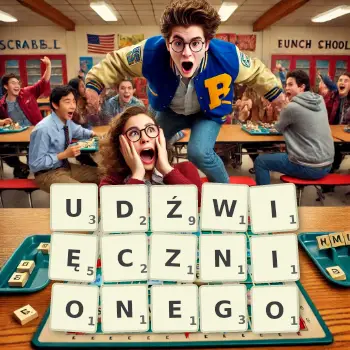 Kreatywna ilustracja do gry w Scrabble ze słowem UDŹWIĘCZNIONEGO ułożonym z płytek na planszy.