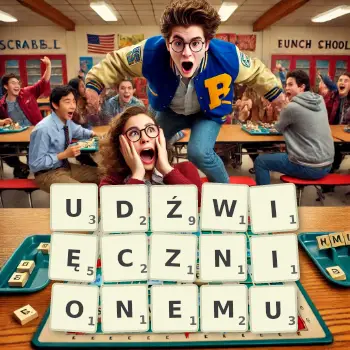 Kreatywna ilustracja do gry w Scrabble ze słowem UDŹWIĘCZNIONEMU ułożonym z płytek na planszy.