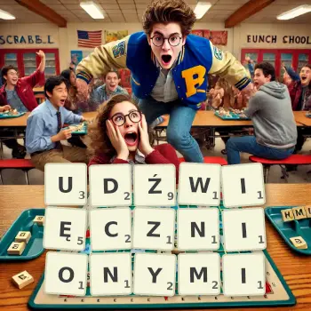 Kreatywna ilustracja do gry w Scrabble ze słowem UDŹWIĘCZNIONYMI ułożonym z płytek na planszy.