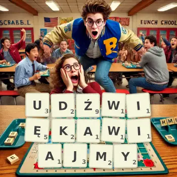 Kreatywna ilustracja do gry w Scrabble ze słowem UDŹWIĘKAWIAJMY ułożonym z płytek na planszy.