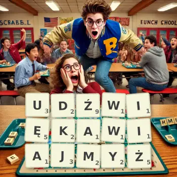 Kreatywna ilustracja do gry w Scrabble ze słowem UDŹWIĘKAWIAJMYŻ ułożonym z płytek na planszy.