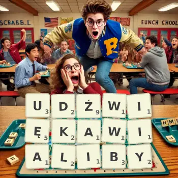 Kreatywna ilustracja do gry w Scrabble ze słowem UDŹWIĘKAWIALIBY ułożonym z płytek na planszy.