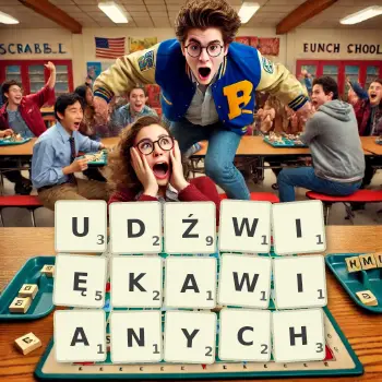 Kreatywna ilustracja do gry w Scrabble ze słowem UDŹWIĘKAWIANYCH ułożonym z płytek na planszy.