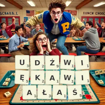 Kreatywna ilustracja do gry w Scrabble ze słowem UDŹWIĘKAWIAŁAŚ ułożonym z płytek na planszy.