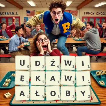 Kreatywna ilustracja do gry w Scrabble ze słowem UDŹWIĘKAWIAŁOBY ułożonym z płytek na planszy.