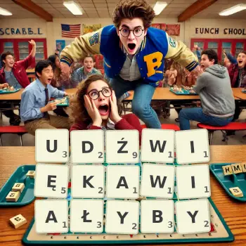 Kreatywna ilustracja do gry w Scrabble ze słowem UDŹWIĘKAWIAŁYBY ułożonym z płytek na planszy.