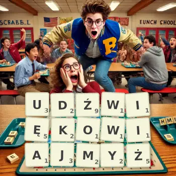 Kreatywna ilustracja do gry w Scrabble ze słowem UDŹWIĘKOWIAJMYŻ ułożonym z płytek na planszy.