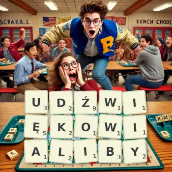 Kreatywna ilustracja do gry w Scrabble ze słowem UDŹWIĘKOWIALIBY ułożonym z płytek na planszy.