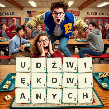 Kreatywna ilustracja do gry w Scrabble ze słowem UDŹWIĘKOWIANYCH ułożonym z płytek na planszy.