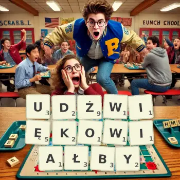 Kreatywna ilustracja do gry w Scrabble ze słowem UDŹWIĘKOWIAŁBY ułożonym z płytek na planszy.