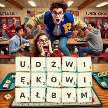 Kreatywna ilustracja do gry w Scrabble ze słowem UDŹWIĘKOWIAŁBYM ułożonym z płytek na planszy.