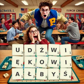 Kreatywna ilustracja do gry w Scrabble ze słowem UDŹWIĘKOWIAŁBYŚ ułożonym z płytek na planszy.