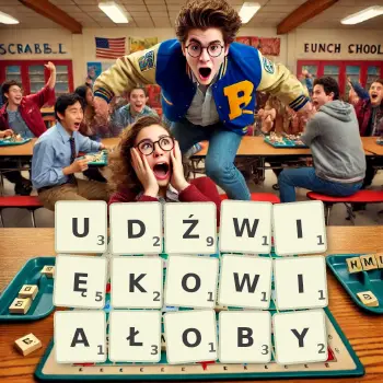 Kreatywna ilustracja do gry w Scrabble ze słowem UDŹWIĘKOWIAŁOBY ułożonym z płytek na planszy.