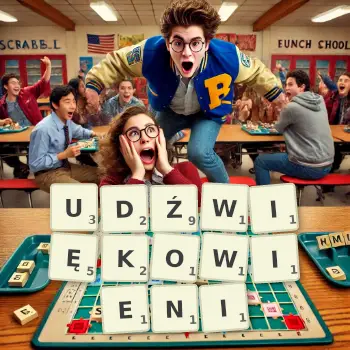 Kreatywna ilustracja do gry w Scrabble ze słowem UDŹWIĘKOWIENI ułożonym z płytek na planszy.