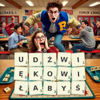 Kreatywna ilustracja do gry w Scrabble ze słowem UDŹWIĘKOWIŁABYŚ ułożonym z płytek na planszy.