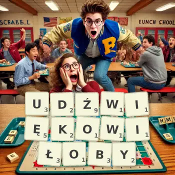 Kreatywna ilustracja do gry w Scrabble ze słowem UDŹWIĘKOWIŁOBY ułożonym z płytek na planszy.