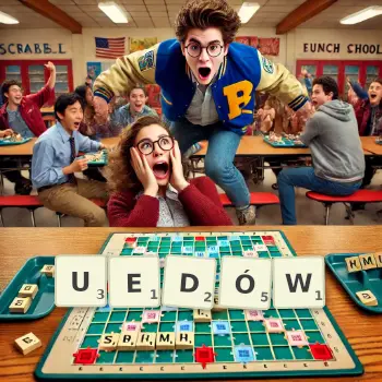 Kreatywna ilustracja do gry w Scrabble ze słowem UEDÓW ułożonym z płytek na planszy.