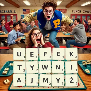 Kreatywna ilustracja do gry w Scrabble ze słowem UEFEKTYWNIAJMYŻ ułożonym z płytek na planszy.