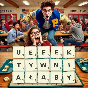 Kreatywna ilustracja do gry w Scrabble ze słowem UEFEKTYWNIAŁABY ułożonym z płytek na planszy.