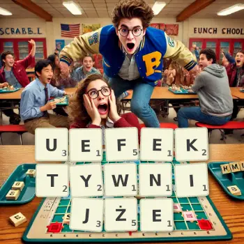 Kreatywna ilustracja do gry w Scrabble ze słowem UEFEKTYWNIJŻE ułożonym z płytek na planszy.