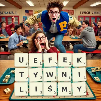 Kreatywna ilustracja do gry w Scrabble ze słowem UEFEKTYWNILIŚMY ułożonym z płytek na planszy.