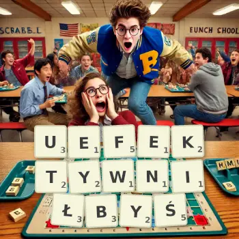 Kreatywna ilustracja do gry w Scrabble ze słowem UEFEKTYWNIŁBYŚ ułożonym z płytek na planszy.