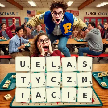 Kreatywna ilustracja do gry w Scrabble ze słowem UELASTYCZNIACIE ułożonym z płytek na planszy.