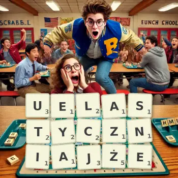 Kreatywna ilustracja do gry w Scrabble ze słowem UELASTYCZNIAJŻE ułożonym z płytek na planszy.