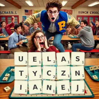 Kreatywna ilustracja do gry w Scrabble ze słowem UELASTYCZNIANEJ ułożonym z płytek na planszy.