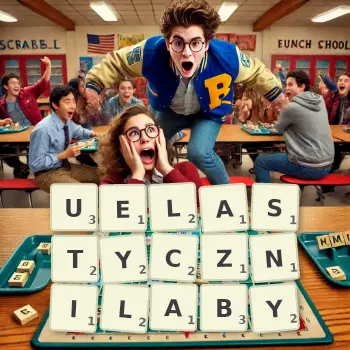 Kreatywna ilustracja do gry w Scrabble ze słowem UELASTYCZNILABY ułożonym z płytek na planszy.