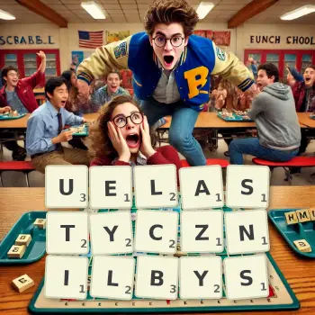 Kreatywna ilustracja do gry w Scrabble ze słowem UELASTYCZNILBYS ułożonym z płytek na planszy.